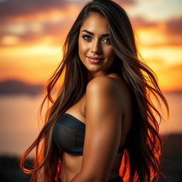 A stunning and confident woman with long flowing hair, wearing a stylish and alluring outfit that highlights her curves