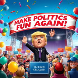 A humorous digital caricature of a political rally scene where an exaggerated character resembling Donald Trump is not present