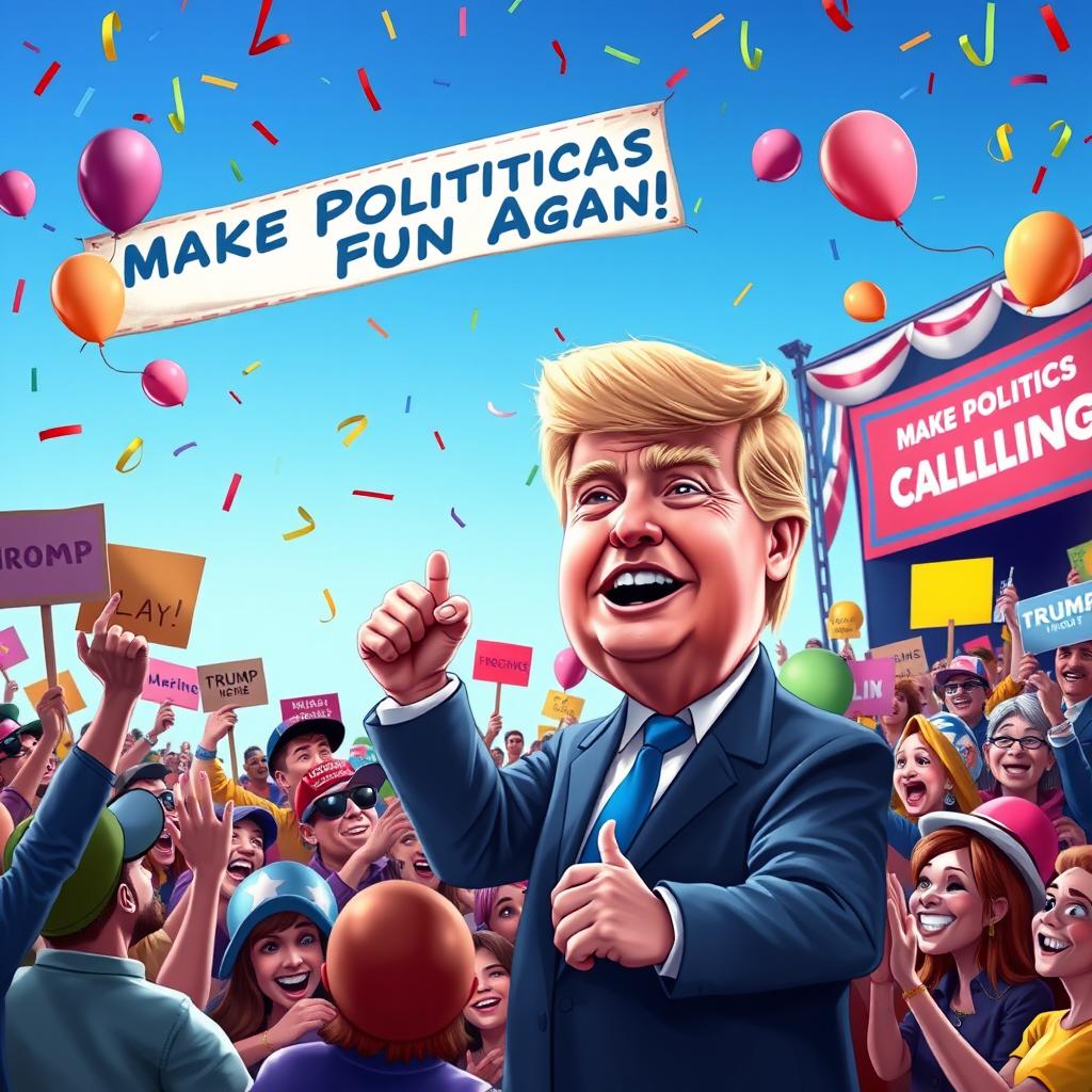 A humorous digital caricature of a political rally scene where an exaggerated character resembling Donald Trump is not present