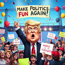 A humorous digital caricature of a political rally scene where an exaggerated character resembling Donald Trump is not present