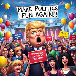A humorous digital caricature of a political rally scene where an exaggerated character resembling Donald Trump is not present