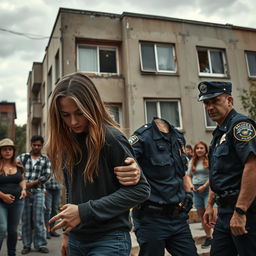 Scene depicting police officers apprehending a young individual with long, dark blonde hair in front of a rundown apartment building
