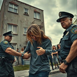 Scene depicting police officers apprehending a young individual with long, dark blonde hair in front of a rundown apartment building