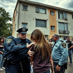 Scene depicting police officers apprehending a young individual with long, dark blonde hair in front of a rundown apartment building
