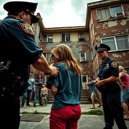 Scene depicting police officers apprehending a young individual with long, dark blonde hair in front of a rundown apartment building
