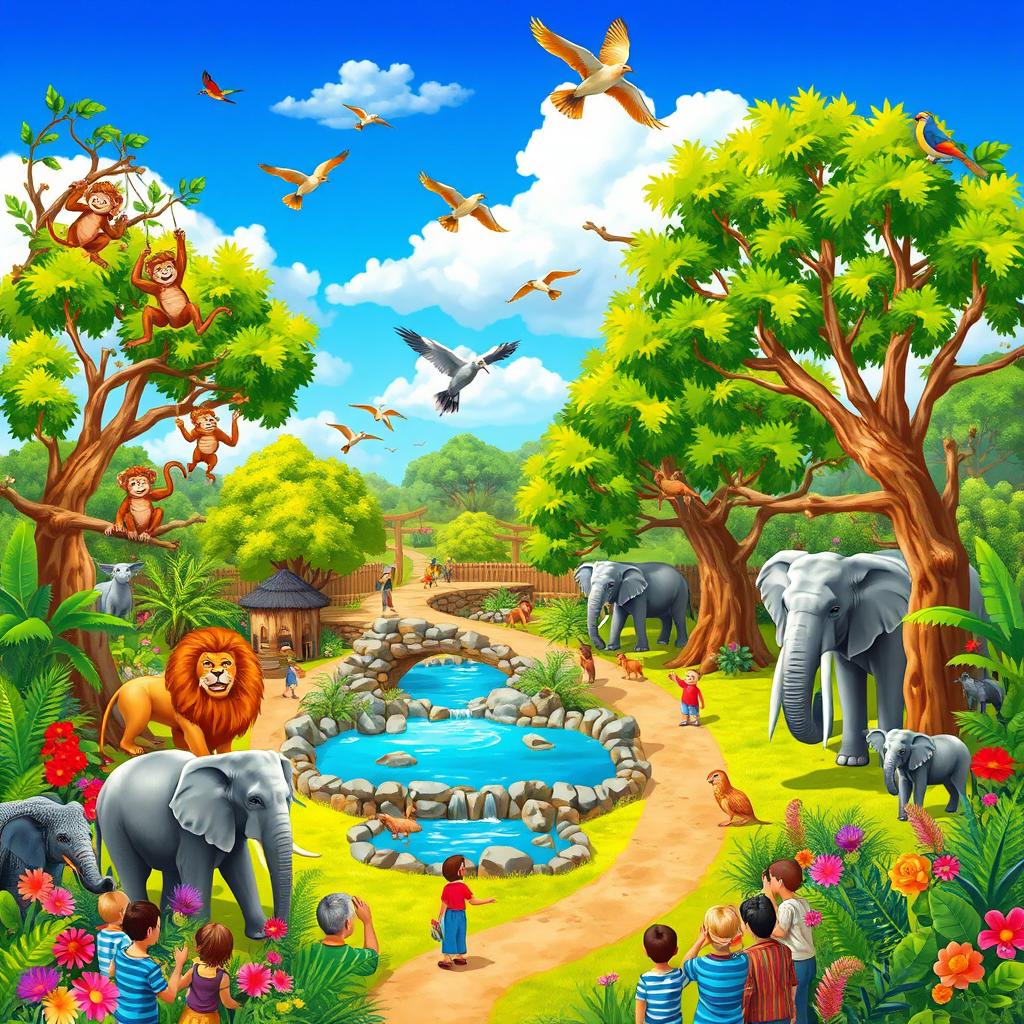 A vibrant and colorful zoo scene featuring a variety of animals in their natural habitats