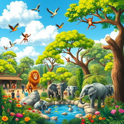 A vibrant and colorful zoo scene featuring a variety of animals in their natural habitats