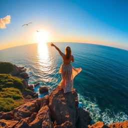 A captivating view of a person standing on a rocky coastline, dramatically pointing towards the vast, sparkling ocean