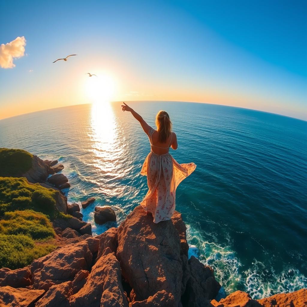 A captivating view of a person standing on a rocky coastline, dramatically pointing towards the vast, sparkling ocean