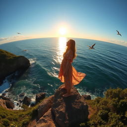 A captivating view of a person standing on a rocky coastline, dramatically pointing towards the vast, sparkling ocean