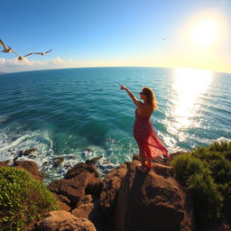 A captivating view of a person standing on a rocky coastline, dramatically pointing towards the vast, sparkling ocean