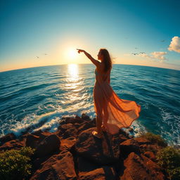A captivating view of a person standing on a rocky coastline, dramatically pointing towards the vast, sparkling ocean