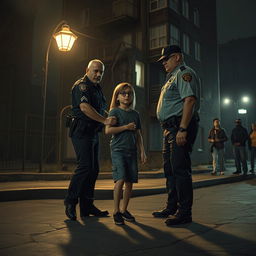 A nighttime scene depicting police officers apprehending a young boy with long dark blonde hair and glasses in front of a rundown apartment building