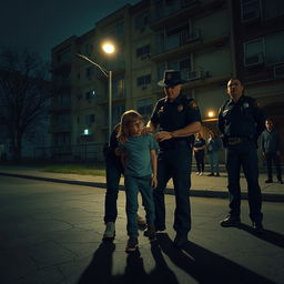 A nighttime scene depicting police officers apprehending a young boy with long dark blonde hair and glasses in front of a rundown apartment building
