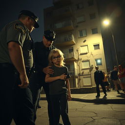 A nighttime scene depicting police officers apprehending a young boy with long dark blonde hair and glasses in front of a rundown apartment building