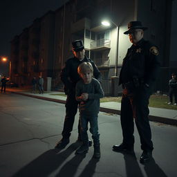 A nighttime scene depicting police officers apprehending a young boy with long dark blonde hair and glasses in front of a rundown apartment building