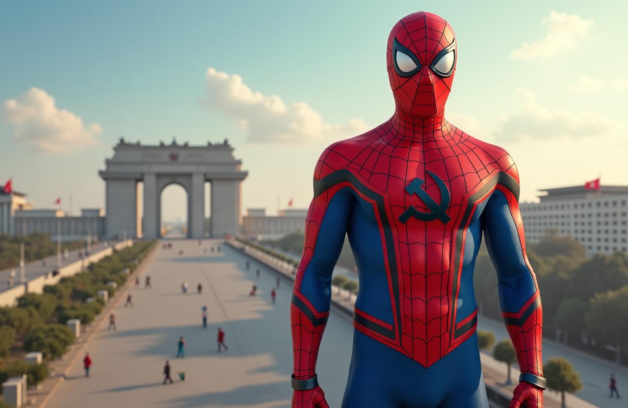An imaginative portrayal of North Korean Spider-Man, featuring a unique costume that incorporates traditional North Korean elements into the classic Spider-Man design