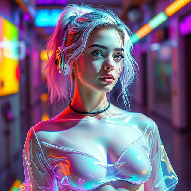 A stunningly gorgeous holographic girl, featuring volumetric and naked contours that exude confidence