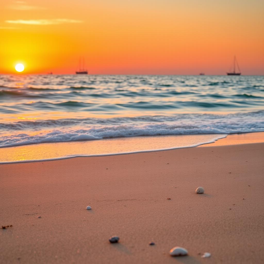 A serene beach scene with a stunning sunset over the ocean