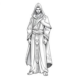 A full body illustration of a man dressed in a robe with a pointed hood, depicted in a detailed black and white style