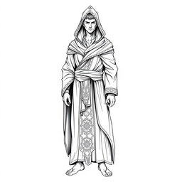 A full body illustration of a man dressed in a robe with a pointed hood, depicted in a detailed black and white style