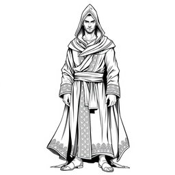 A full body illustration of a man dressed in a robe with a pointed hood, depicted in a detailed black and white style