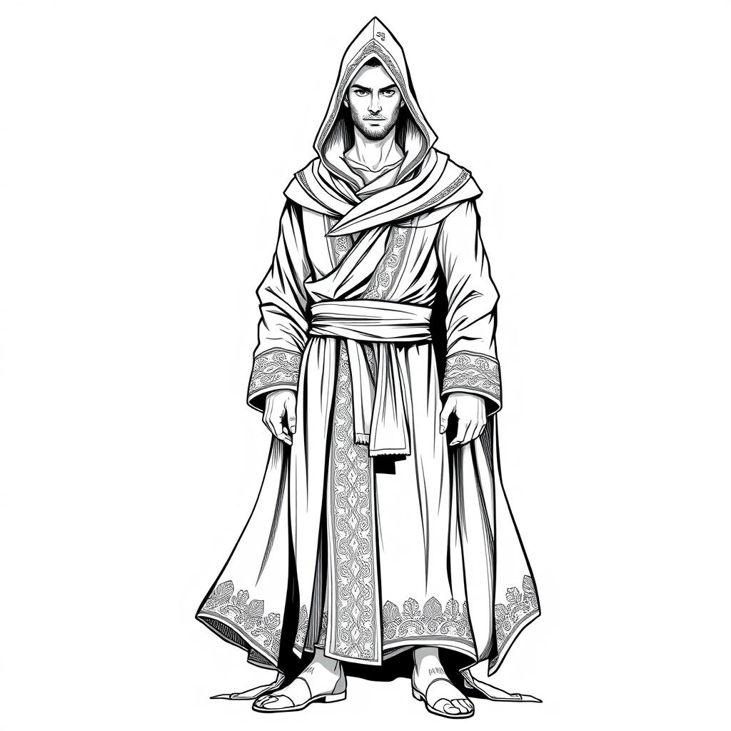 A full body illustration of a man dressed in a robe with a pointed hood, depicted in a detailed black and white style