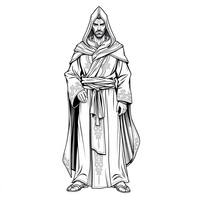 A full body illustration of a man dressed in a robe with a pointed hood, depicted in a detailed black and white style