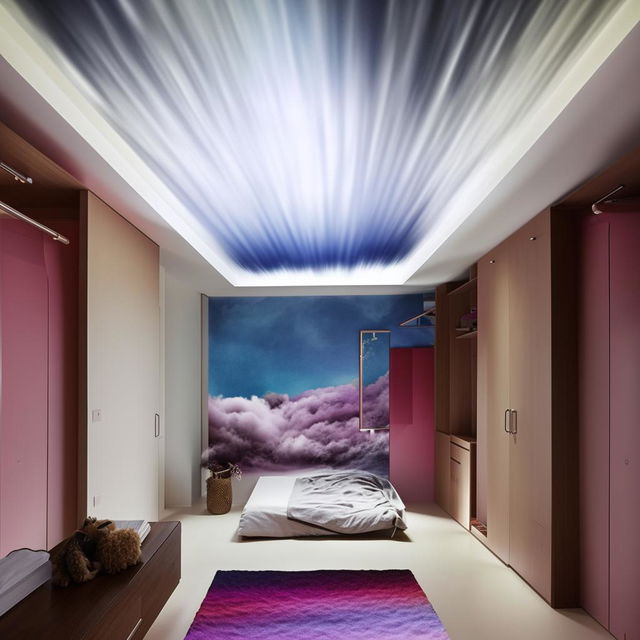 Create an image of a large room with a cloud-adorned ceiling. There's a bed attached to the wall in the middle, beside a vast mirror and a multi-compartment wardrobe. The floor boasts a cozy mat with a wall waterfall facing the bed. One wall, painted with a gradient of light and dark, is empty. The final elements include a substantial study table and wall shelves.