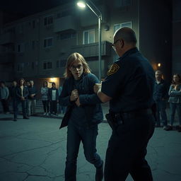 A nighttime scene depicting police officers making an arrest of a young man with long dark blonde hair and glasses in front of a rundown apartment building