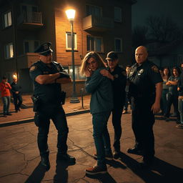 A nighttime scene depicting police officers making an arrest of a young man with long dark blonde hair and glasses in front of a rundown apartment building