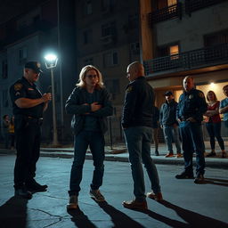 A nighttime scene depicting police officers making an arrest of a young man with long dark blonde hair and glasses in front of a rundown apartment building