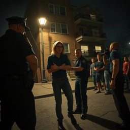 A nighttime scene depicting police officers making an arrest of a young man with long dark blonde hair and glasses in front of a rundown apartment building