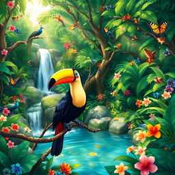 A beautiful, vibrant illustration of a lush, colorful forest filled with exotic animals like peacocks, monkeys, and butterflies