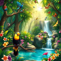 A beautiful, vibrant illustration of a lush, colorful forest filled with exotic animals like peacocks, monkeys, and butterflies