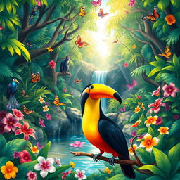 A beautiful, vibrant illustration of a lush, colorful forest filled with exotic animals like peacocks, monkeys, and butterflies
