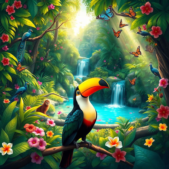 A beautiful, vibrant illustration of a lush, colorful forest filled with exotic animals like peacocks, monkeys, and butterflies