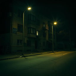 A nighttime urban scene featuring a rundown apartment building, characterized by its worn-out exterior and dimly lit windows