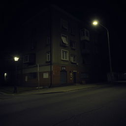 A nighttime urban scene featuring a rundown apartment building, characterized by its worn-out exterior and dimly lit windows