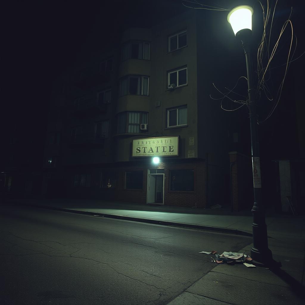 A nighttime urban scene featuring a rundown apartment building, characterized by its worn-out exterior and dimly lit windows