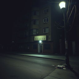 A nighttime urban scene featuring a rundown apartment building, characterized by its worn-out exterior and dimly lit windows