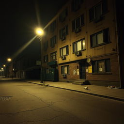 A nighttime urban scene featuring a rundown apartment building, characterized by its worn-out exterior and dimly lit windows