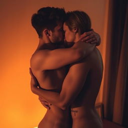 A passionate and intimate moment between two adults embracing in a warm, dimly lit room