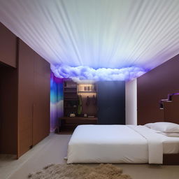 Create an image of a large room with a cloud-adorned ceiling. There's a bed attached to the wall in the middle, beside a vast mirror and a multi-compartment wardrobe. The floor boasts a cozy mat with a wall waterfall facing the bed. One wall, painted with a gradient of light and dark, is empty. The final elements include a substantial study table and wall shelves.