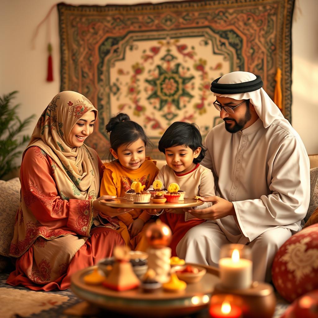 A serene and respectful depiction of a Muslim family celebrating a traditional festival
