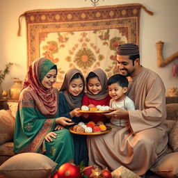 A serene and respectful depiction of a Muslim family celebrating a traditional festival