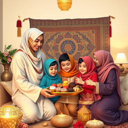 A serene and respectful depiction of a Muslim family celebrating a traditional festival