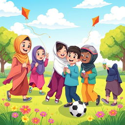 A vibrant and cheerful cartoon scene depicting a group of Muslim children playing together in a park