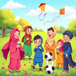A vibrant and cheerful cartoon scene depicting a group of Muslim children playing together in a park