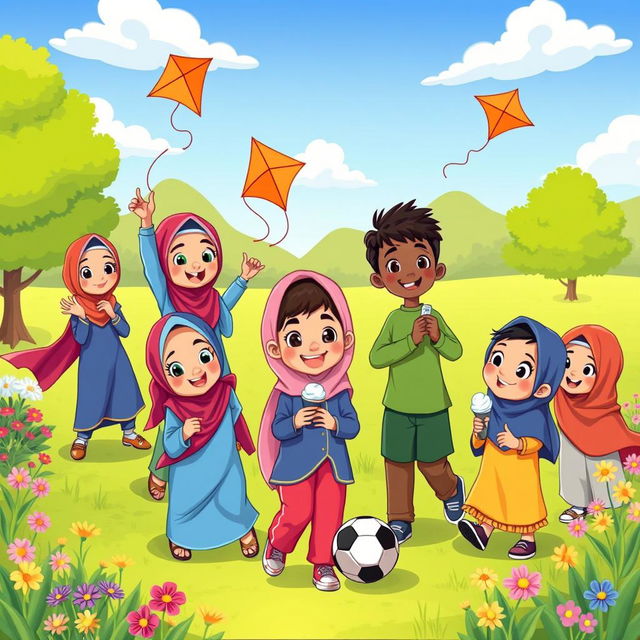 A vibrant and cheerful cartoon scene depicting a group of Muslim children playing together in a park